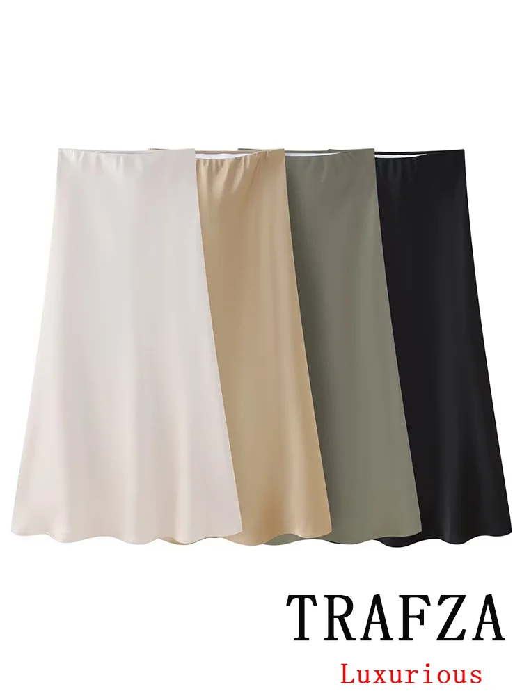 TRAFZA Vintage Casual Chic Women Skirt Solid Silky Satin Straight Elastic Waist Midi Skirt New Fashion 2024 Spring Summer Skirt