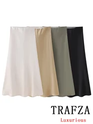 TRAFZA Vintage Casual Chic Women Skirt Solid Silky Satin Straight Elastic Waist Midi Skirt New Fashion 2024 Spring Summer Skirt