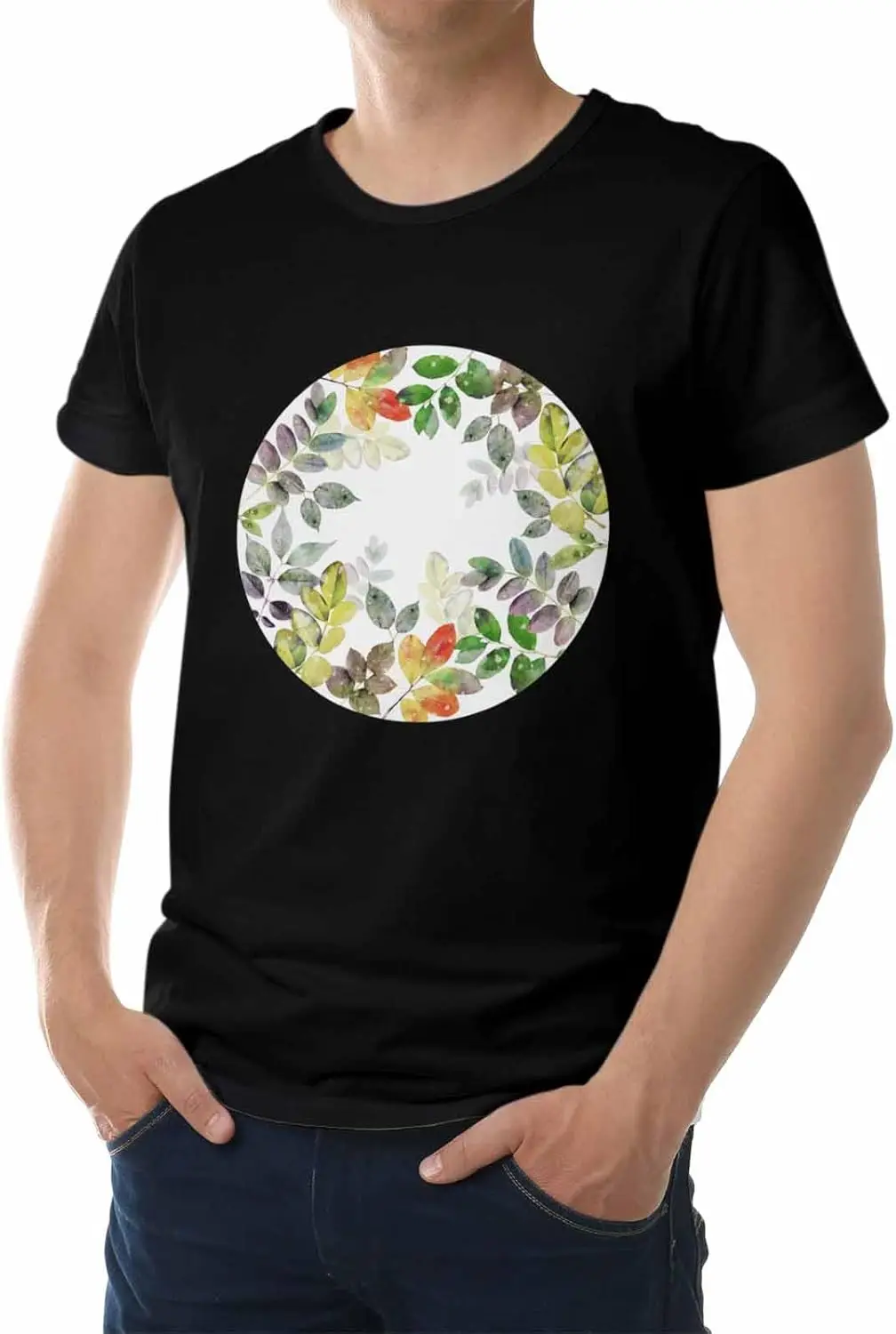 Men's T-Shirt, Novelty Graphic T-Shirt Green Eucalyptus Leaves Circle Cotton Crew Neck Men's Short Sleeve Basic Tshirts Black-L