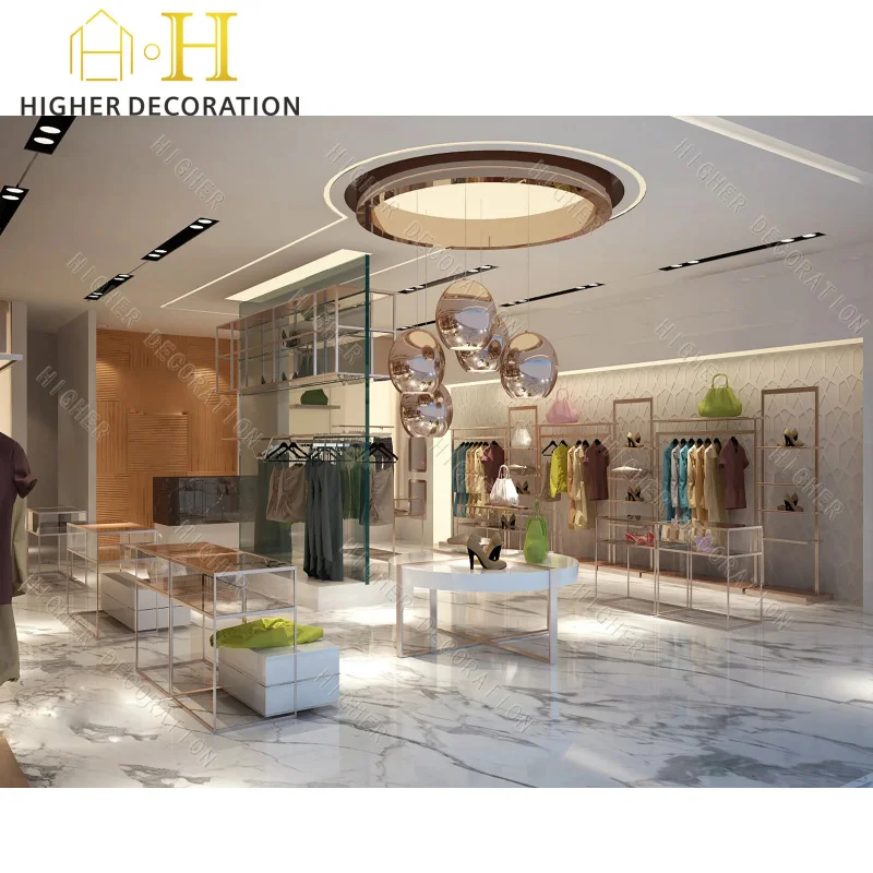 custom.New Style Women's Clothing Shop Design Custom Metal Clothing Display Rack Display Shelves Clothing Furniture Wholes