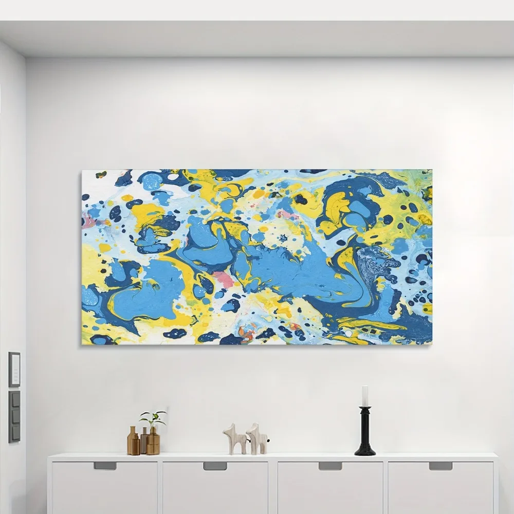 

Modern abstract liquid color canvas - vivid blue, yellow and multicolor acrylic prints, 1.5 "solid wood frame, upholstery