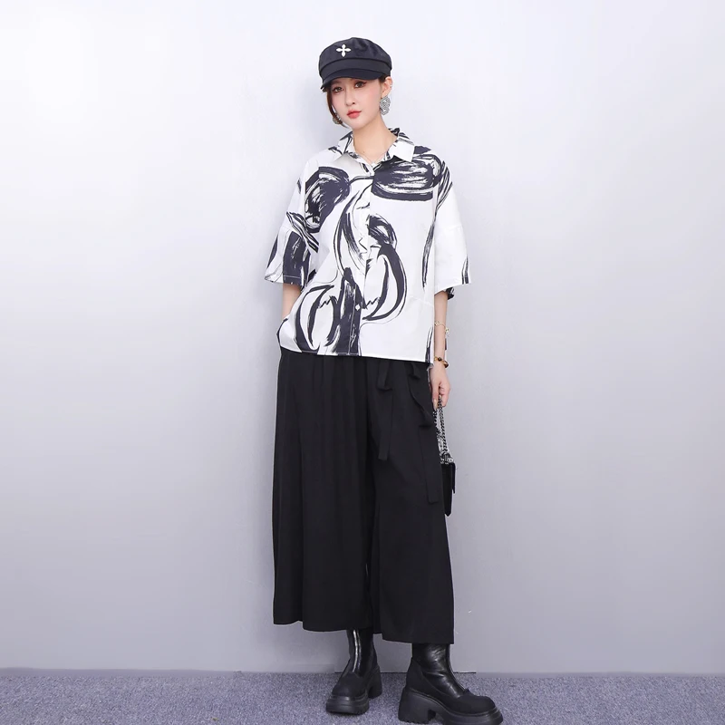 

2025 Spring Summer New Elegant Suit Women Loose Printed Shirts Top Wide Leg Pants Two-piece Set J1206