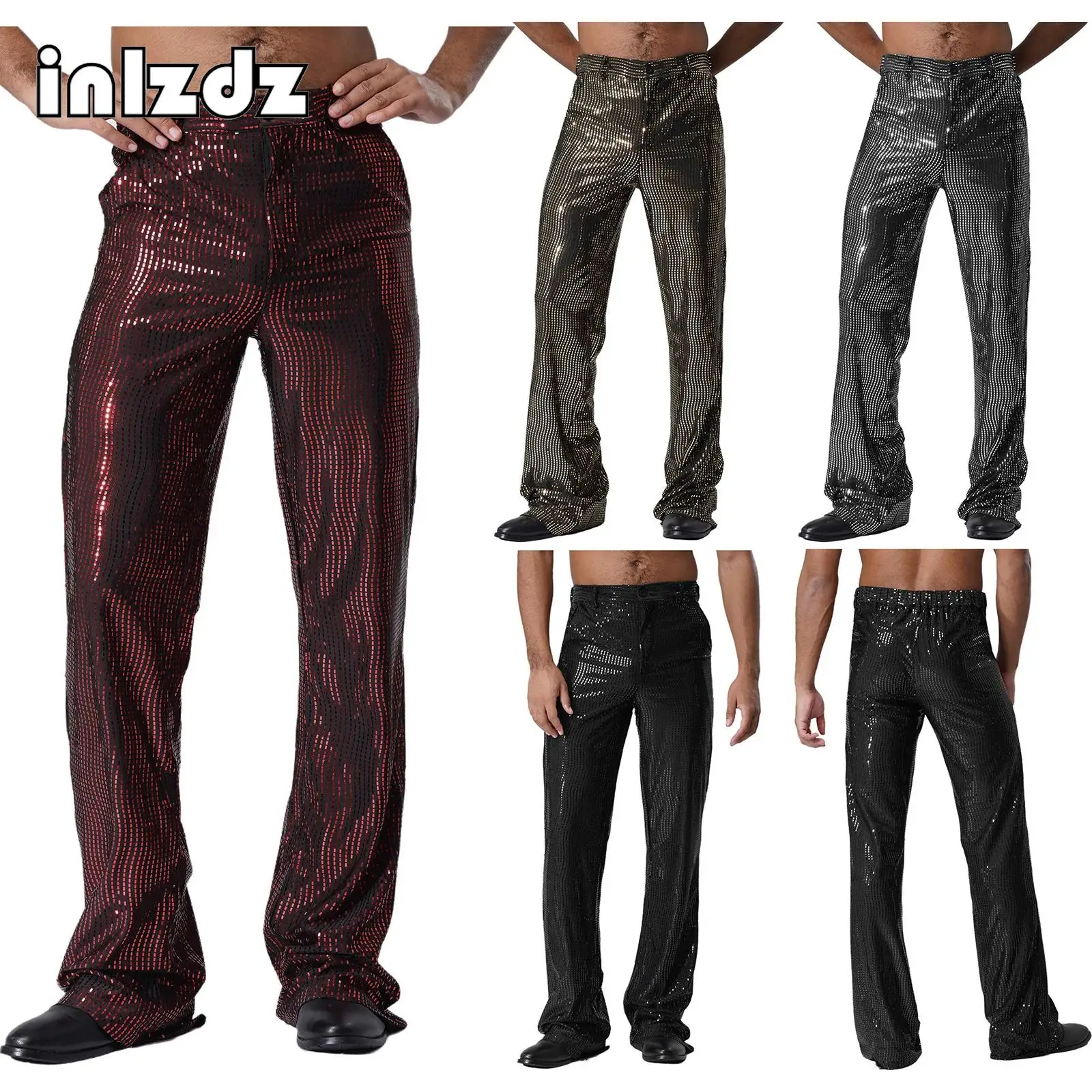 

Mens Sequin Flared Long Pants Allover Glittery Pockets Trousers for Rock Disco Jazz Dance Musical Stage Performance Dress-up