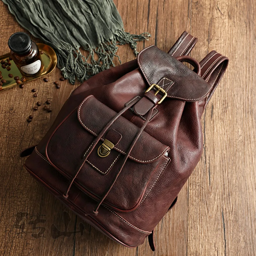 Cowhide oil wax first layer cowhide backpack retro tree paste leather handmade travel bag vegetable tanned leather backpack