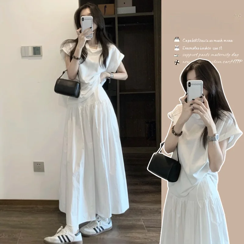 summer-maternity-wear-short-sleeve-top-and-skirt-set-women's-fashionable-maternity-outfit-two-piece-ensemble-cotton-inner