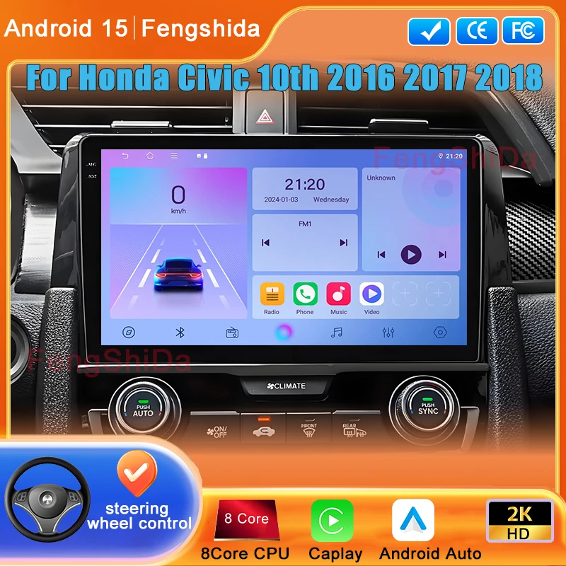 

Видеоплеер Android Auto Автомобильный радиоприемник для Honda Civic 10 2016 2017 2018 4G GPS-навигация Мультимедийная стереосистема Carplay без 2din DVD