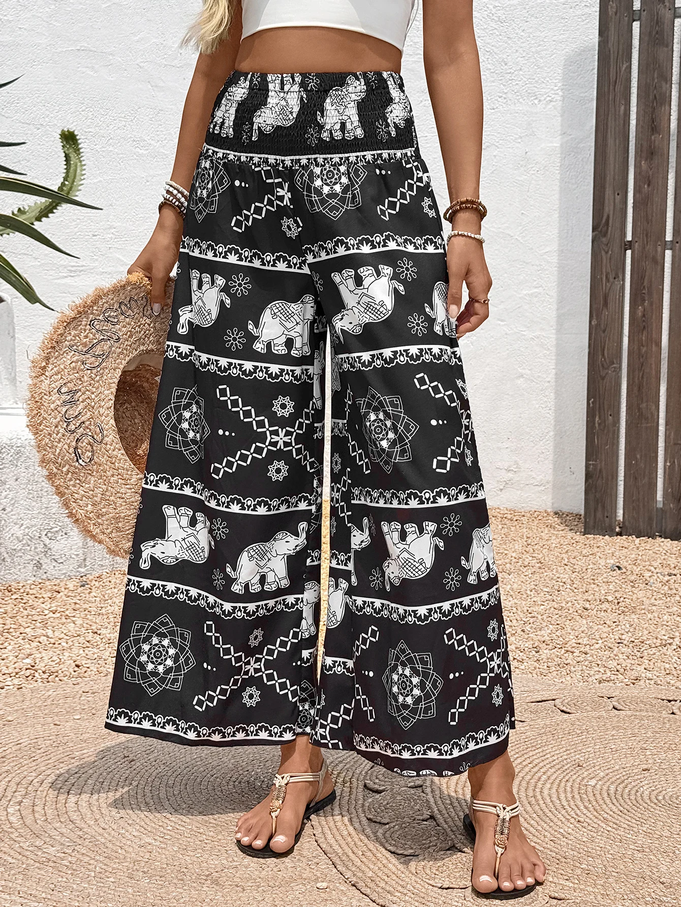 

Женские весенне-летние широкие брюки с высокой талией, свободные удобные богемные брюки для отдыха с принтом, пляжный отдых