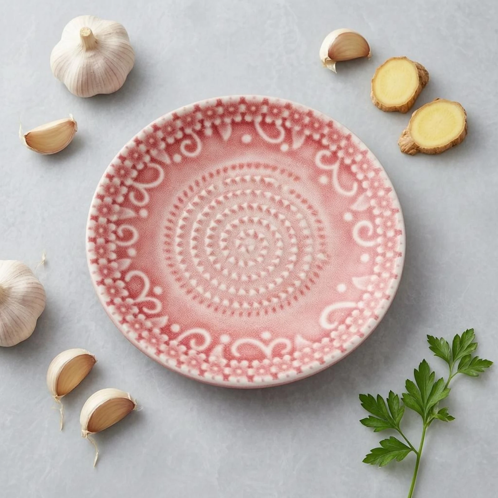 Ceramic Garlic Grater Plate Glazed Garlic Grinding Plate Ginger Grinding Dish Pouring Spout Wasabi Grater Dish Patterned Rim