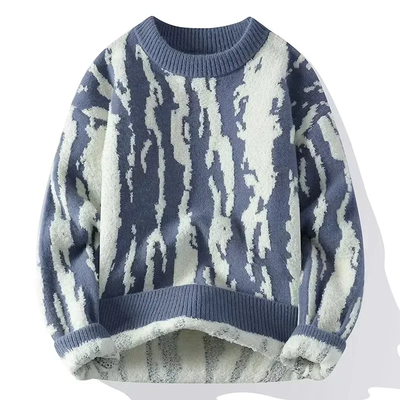 LIBIELIY Men's Winter New Spell Color Jacquard Pullover Sweater, Young Man Korean Version Of Loose Round Neck Long-sleeve Knit