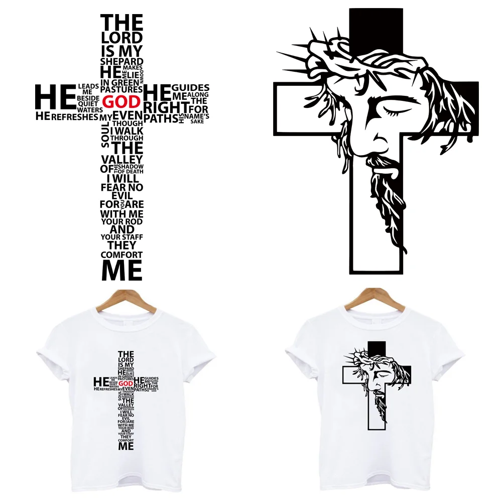 2Pcs/Lot Christianity Jesus Cross Heat Thermal Transfers Sticker Iron On Fusible Patches For Clothing Ironing Application DIY