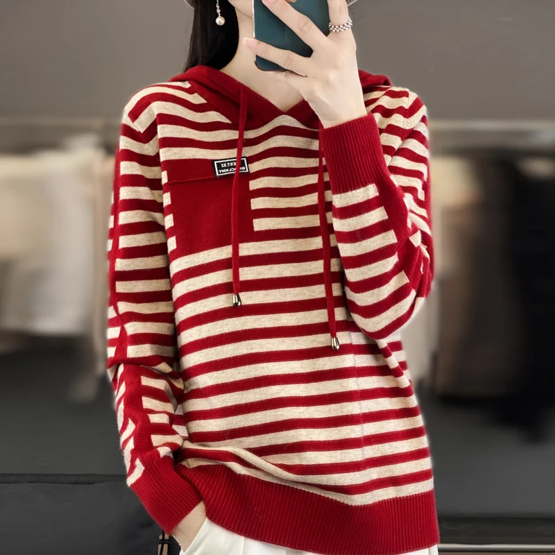 2024 Autumn/Winter Women\'s cashmere sweater, wool hooded sweater, knitted pullover, loose fitting Korean style fashionable thick