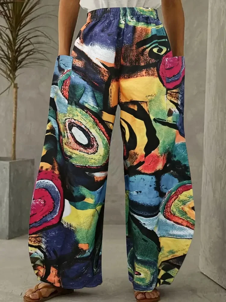 Cartoon Fun Cat Kleur 3D-geprinte damesbroek met dubbele zijzak Urban Street Fashion damesbloeiers Casual losse lange stijl