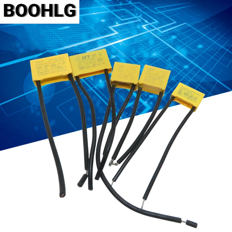 Linha da fita da capacitância da segurança, fio flexível do alojamento, ANÚNCIO K, X2, 250V-275V, 0,1 uF, 0,15 uF, 0,22 uF, 0,33 uF, 0,47 uF, 5 PCes