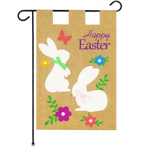 G128 Garden Flag Happy Easter White Rabbits and Flowers 12