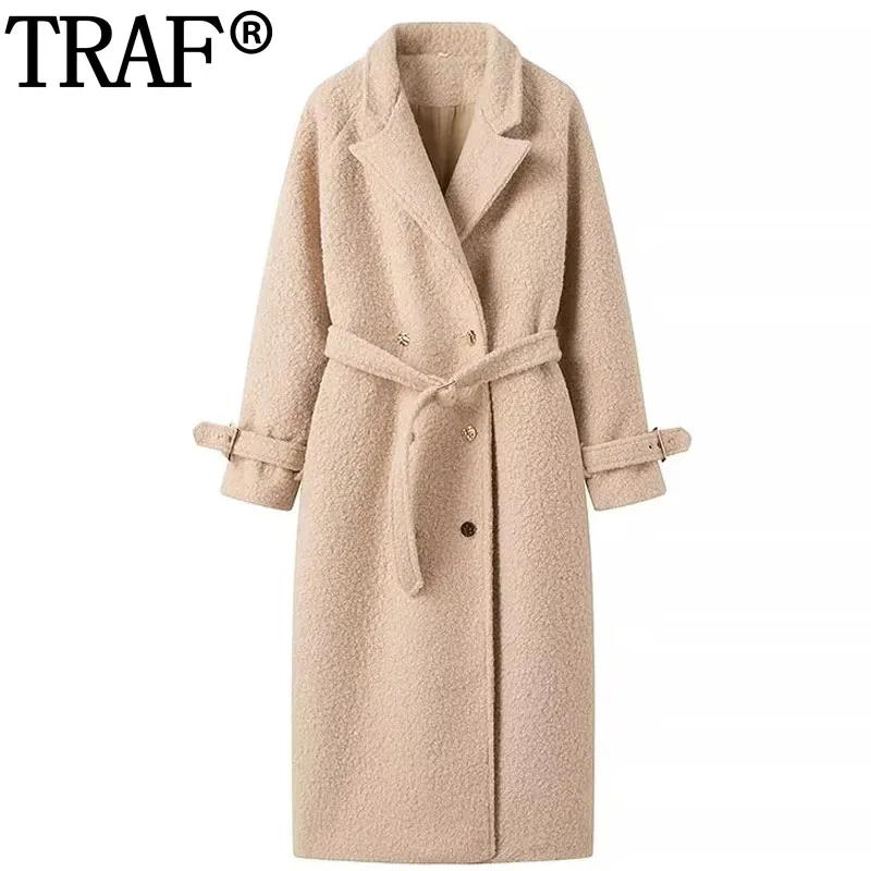 TRAF 2024 Fleece Long Coat Women Faux Shearling Coat Plush Jacket Belt Warm Windbreak Long Sleeve Elegant Women's Overcoat