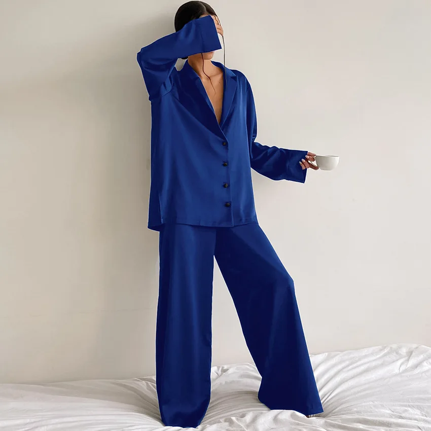 20232 European and American women\'s home clothes long-sleeved suit imitation silk shirt thin trousers two-piece pajamas women