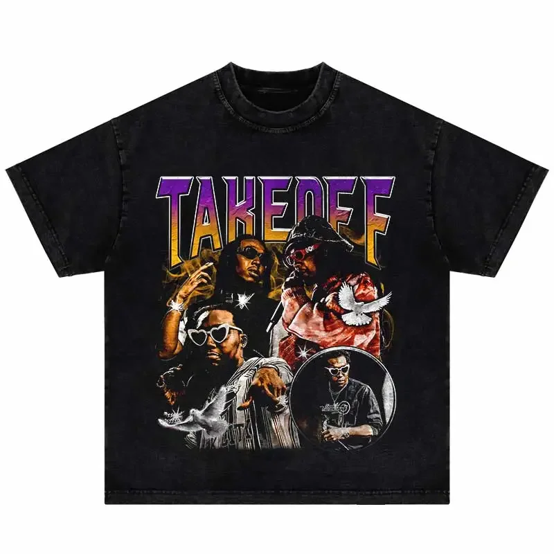 TIDESHEC HipHop Streetwear Portrait Graphic Printed T Shirt Cotton Oversize Washed Black 2024 Men T-Shirt Unisex Tops Tee Y2K