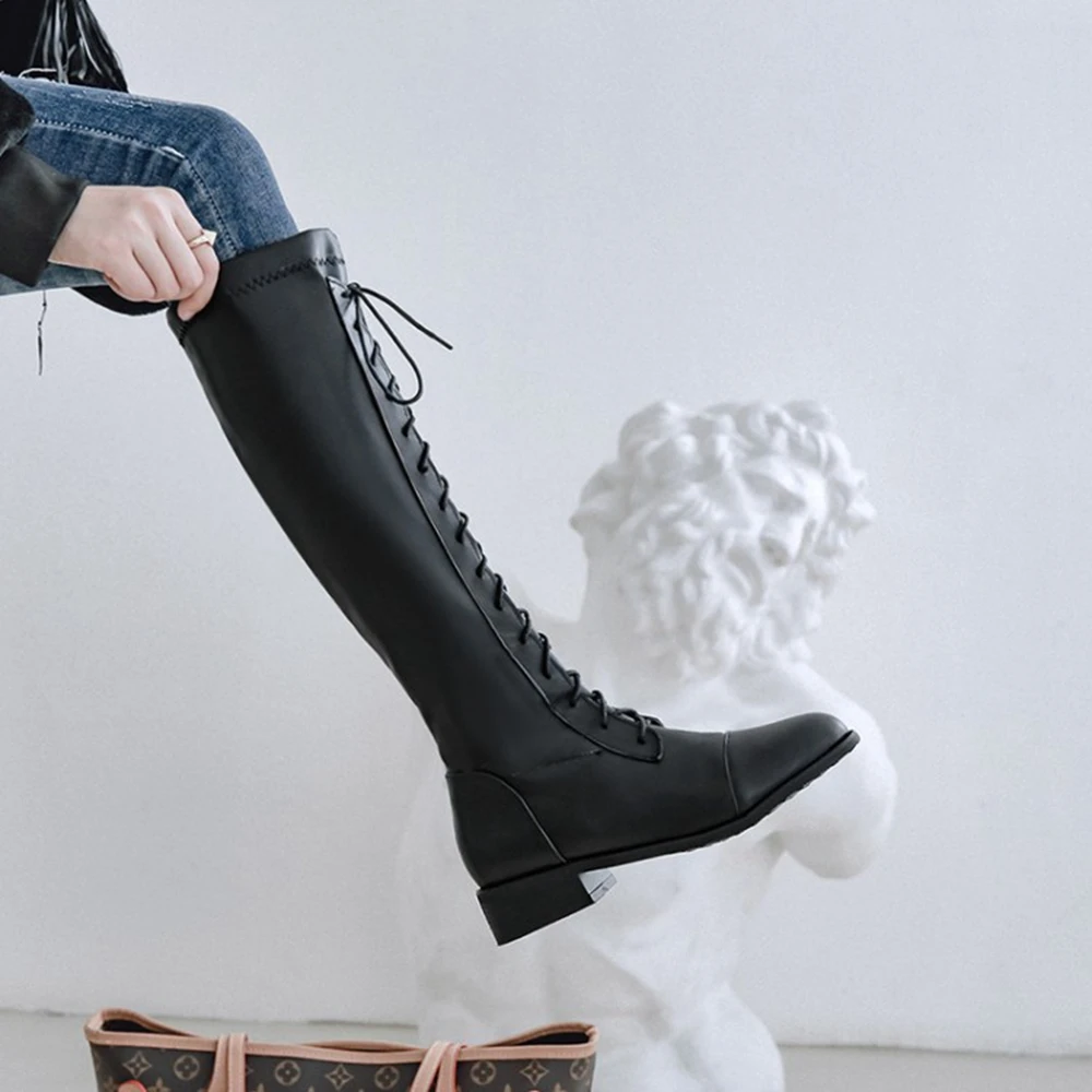 Botas De Mujer 2023 Big Size 54 Knee High Boots Women Med Heels Platform Lace Up Autumn Winter Plush Warm black Boots 20-17