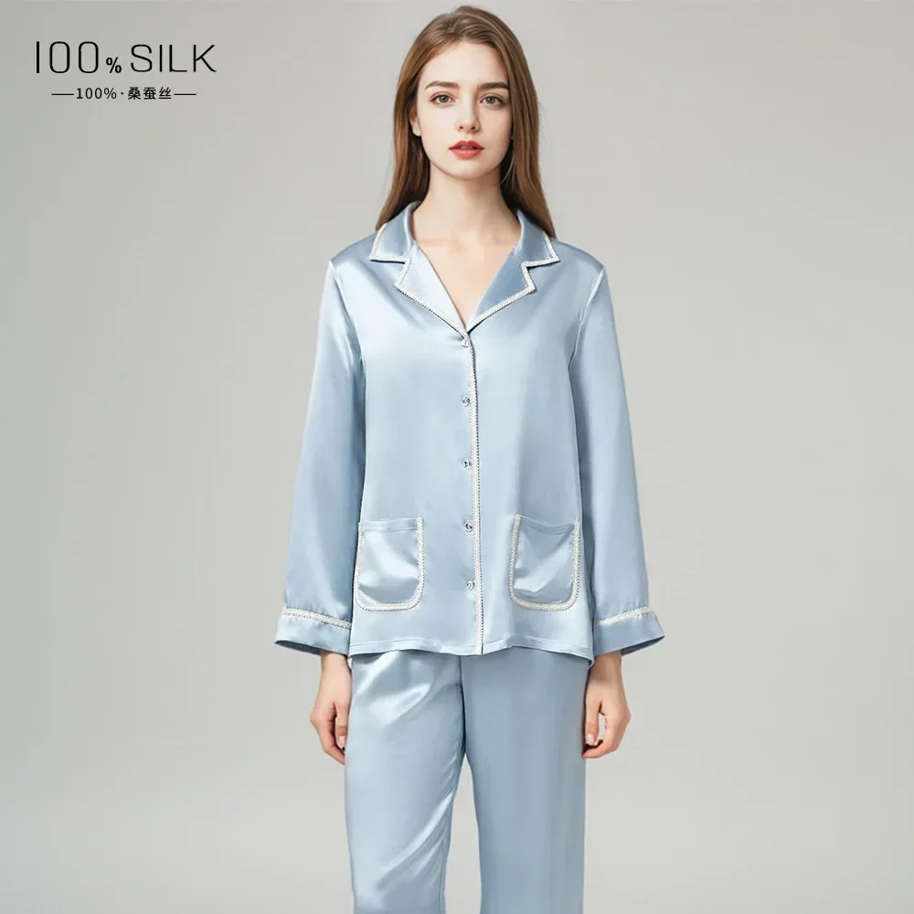 Women's 19 Momme 100% Mulberry Silk Pajamas Set Long Sleeve Two-piece Pajama Soft Sleepwear Spring Casual Loungewear Nightwear