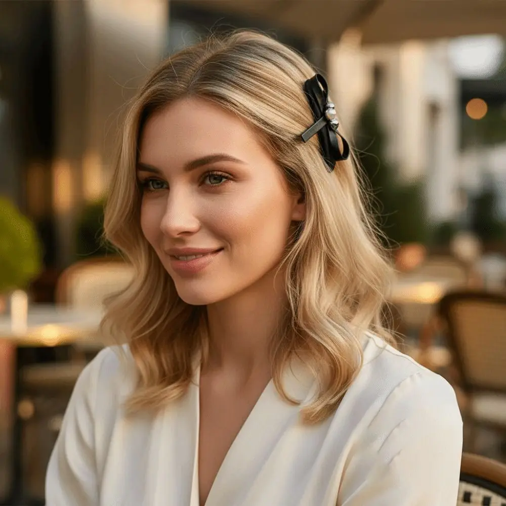 Portable Black Memorial Black Hair Claw with Bow Side Fabric Hair Band Hairpin for Girls