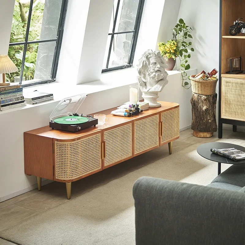 Wabi-sabi style minimalist audio-visual cabinet, home living room, solid wood rattan TV cabinet, hotel B&B, swing door storage c