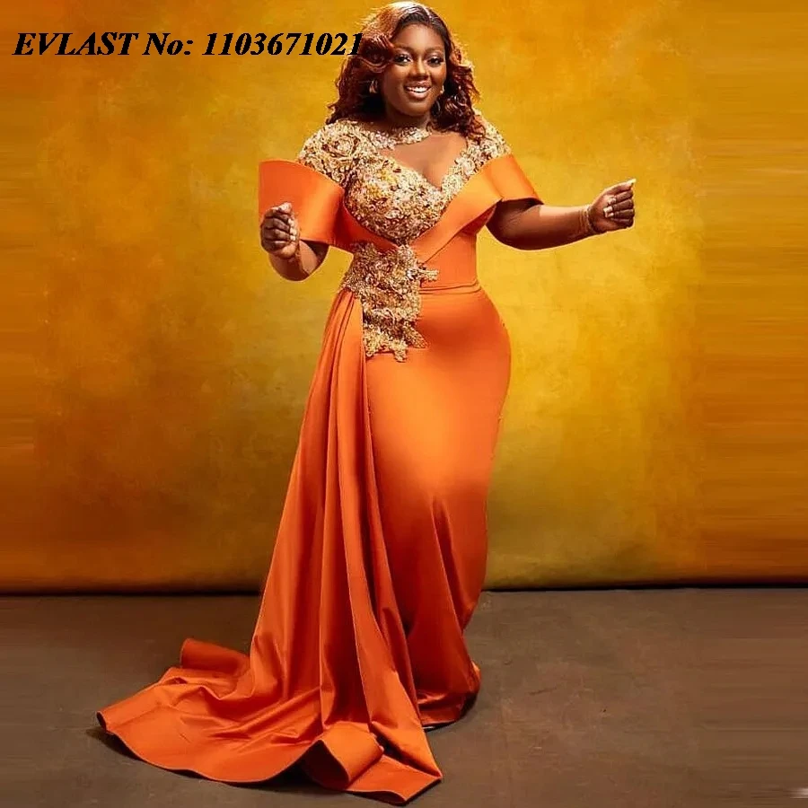 EVLAST Customized Nigerian Prom Dress Orange Beaded Appliques Aso Ebi Evening Gowns African Wedding Formal Dress Event Wear P139