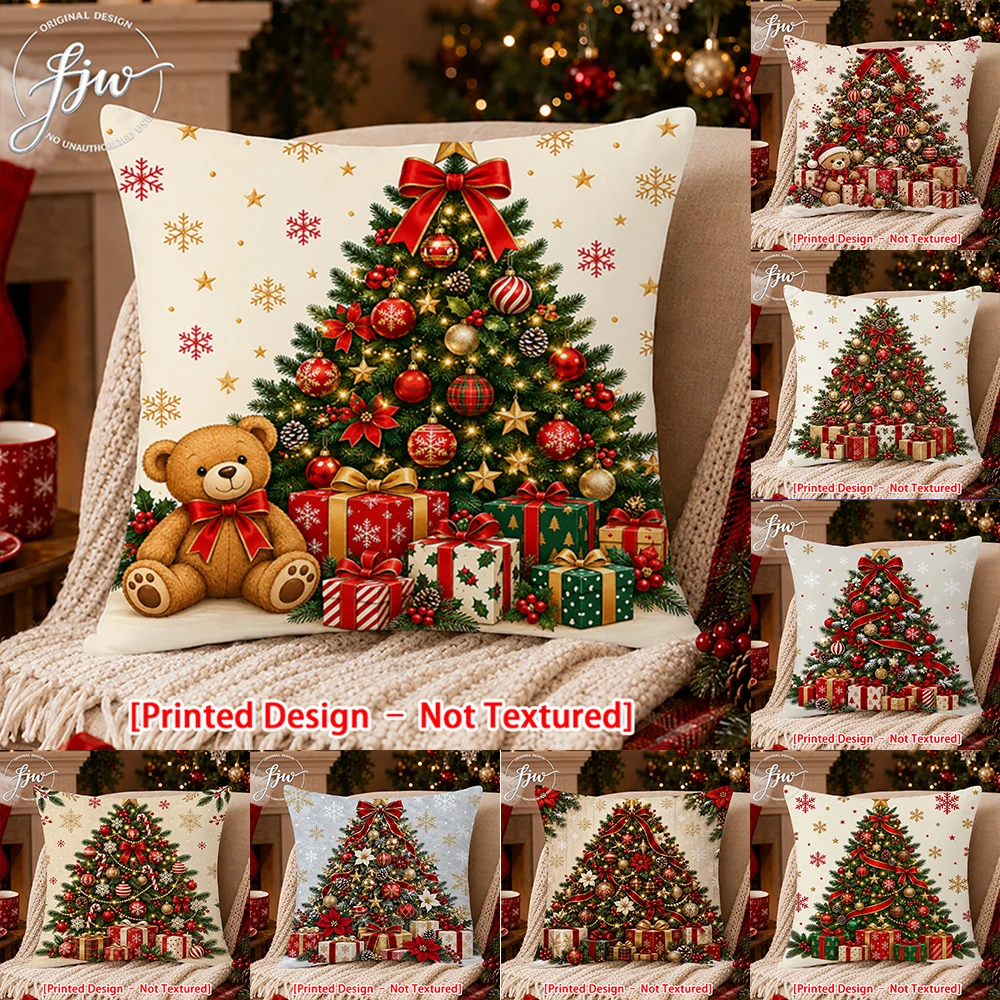 1pc Christmas Tree & Teddy Bear Throw Pillow Covers, Holiday Cushion Covers for Sofa Couch