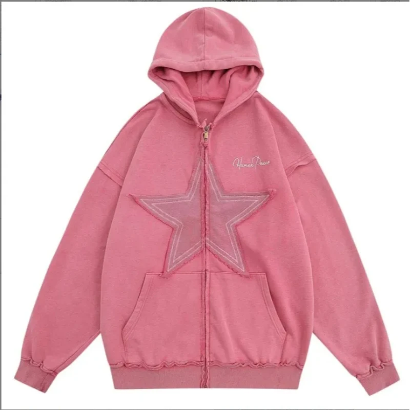 BIG PROMOTION Y2K autumn and winter trend street cardigan five-pointed star patch hooded sweater loose zipper pocket coat