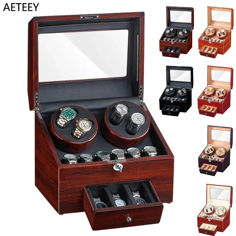 

For Rolex Watch Winder Automatic watchs Wood Display Box 4+9 Storages Japanese Motor Brown Velvet Lock Box Customizable Logo OEM