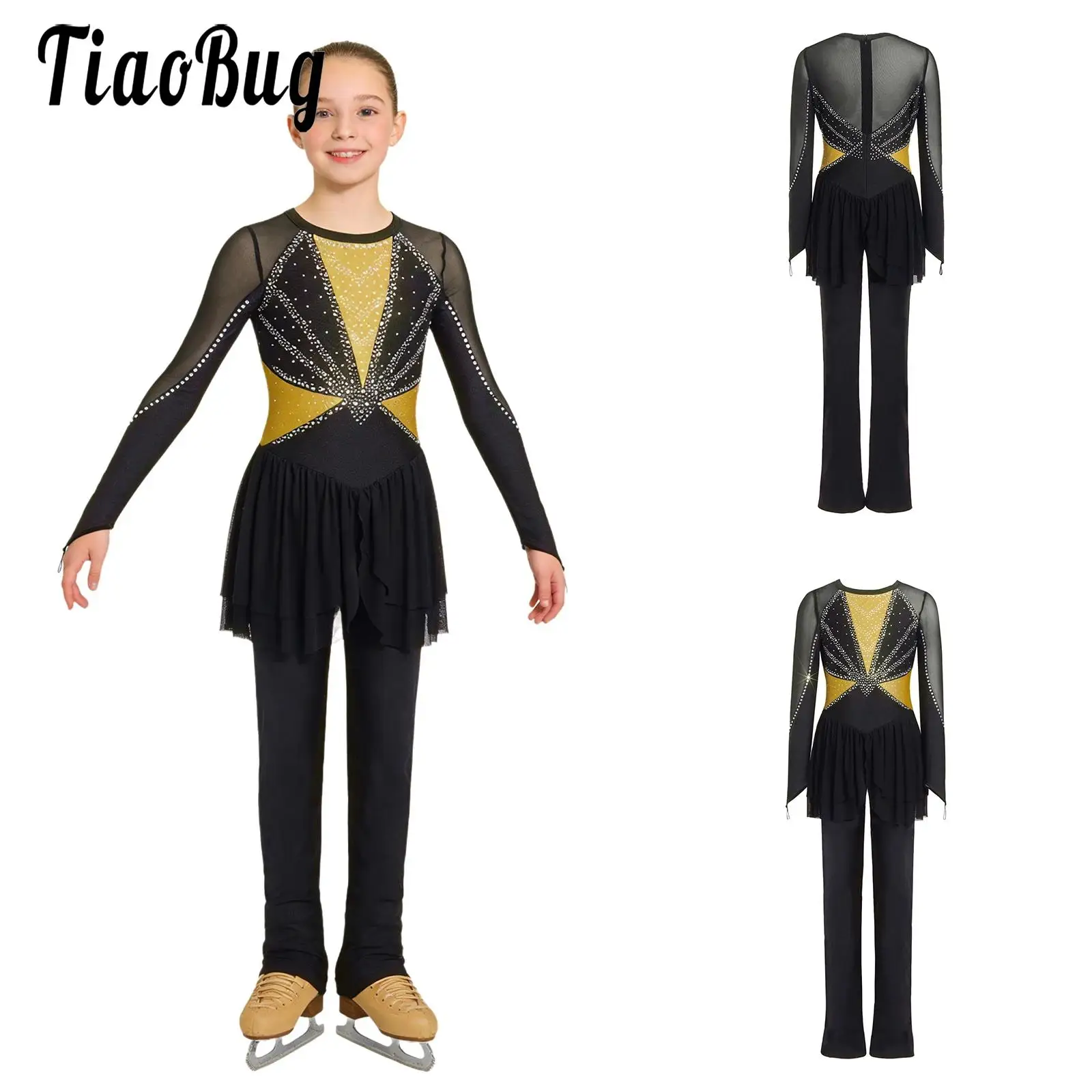 

Kids Girls Figure Skating Modern Lyrical Dance Jumpsuits Dress Competition Costume Mesh Rhinestones Dance Leotard Bodysuit Dress