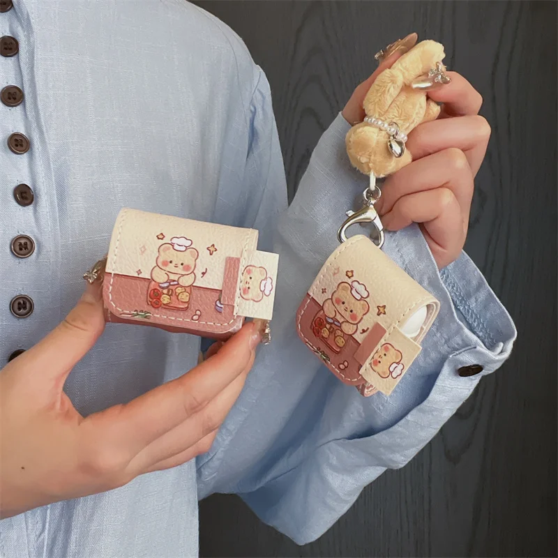 Funny Chef Bear Earphone Case For Airpods 4 3 2 1 Pro Cover with Little bear pendant Headphone Charging Dust Cases For Airpods 2