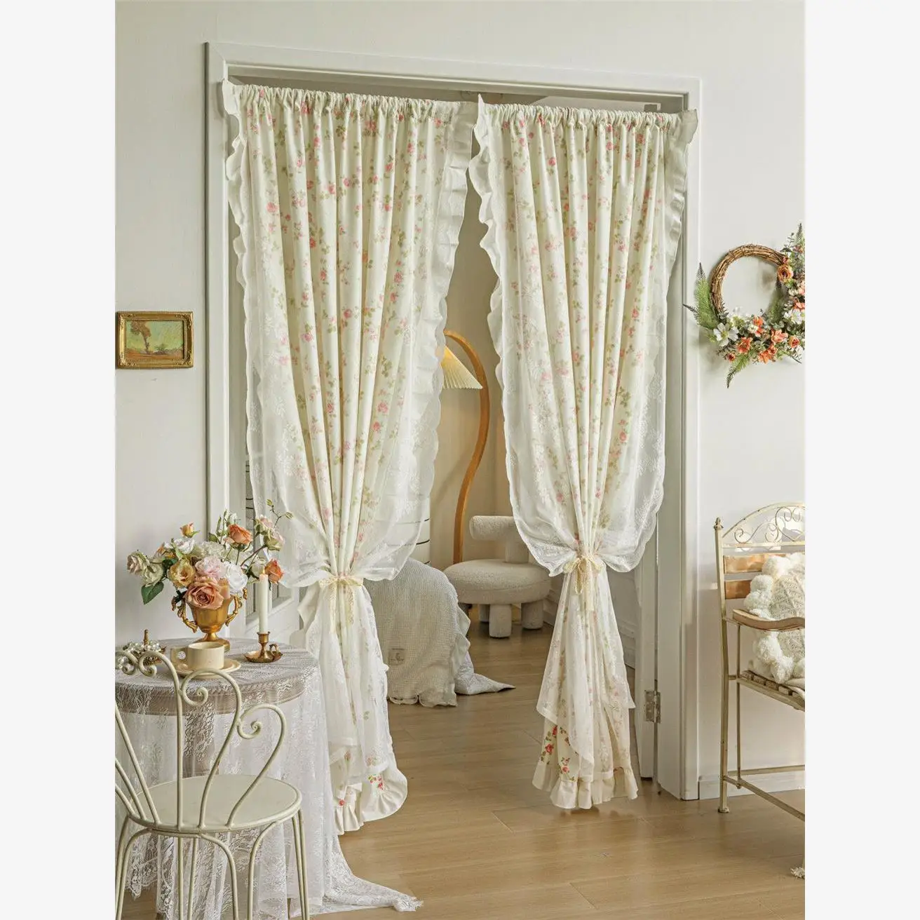 

Exquisite and Beautiful Broken Flowers Small Fresh Floating Curtains Cabinet Double-layer Lace Door Partition Pastoral