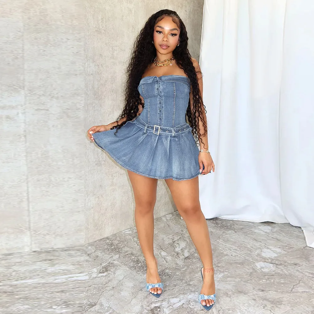 Denim Pleated Tube Dress Y2K Streetwear Elegant Luxury Mini Sexy Dress 2024 Women Summer Fashion Clothes Cute Jean Cargo Dress