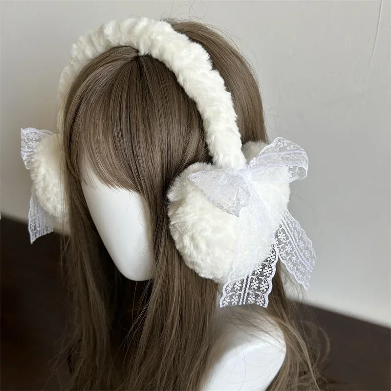 Winter New Japanese Sweet Girl Cute Earmuffs Lace Bow Plush Winter Warm Headwear Women Earplugs Cold Protection Love Ear Muffs