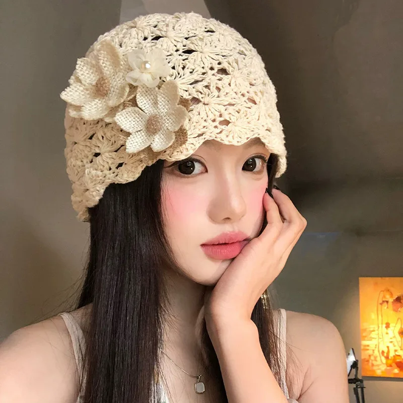 Handcrafted Korean Style Floral Knitted Cap Spring Summer Thin Breathable Overhead Scarf Hat Face Slimming Elegant Cold Hat
