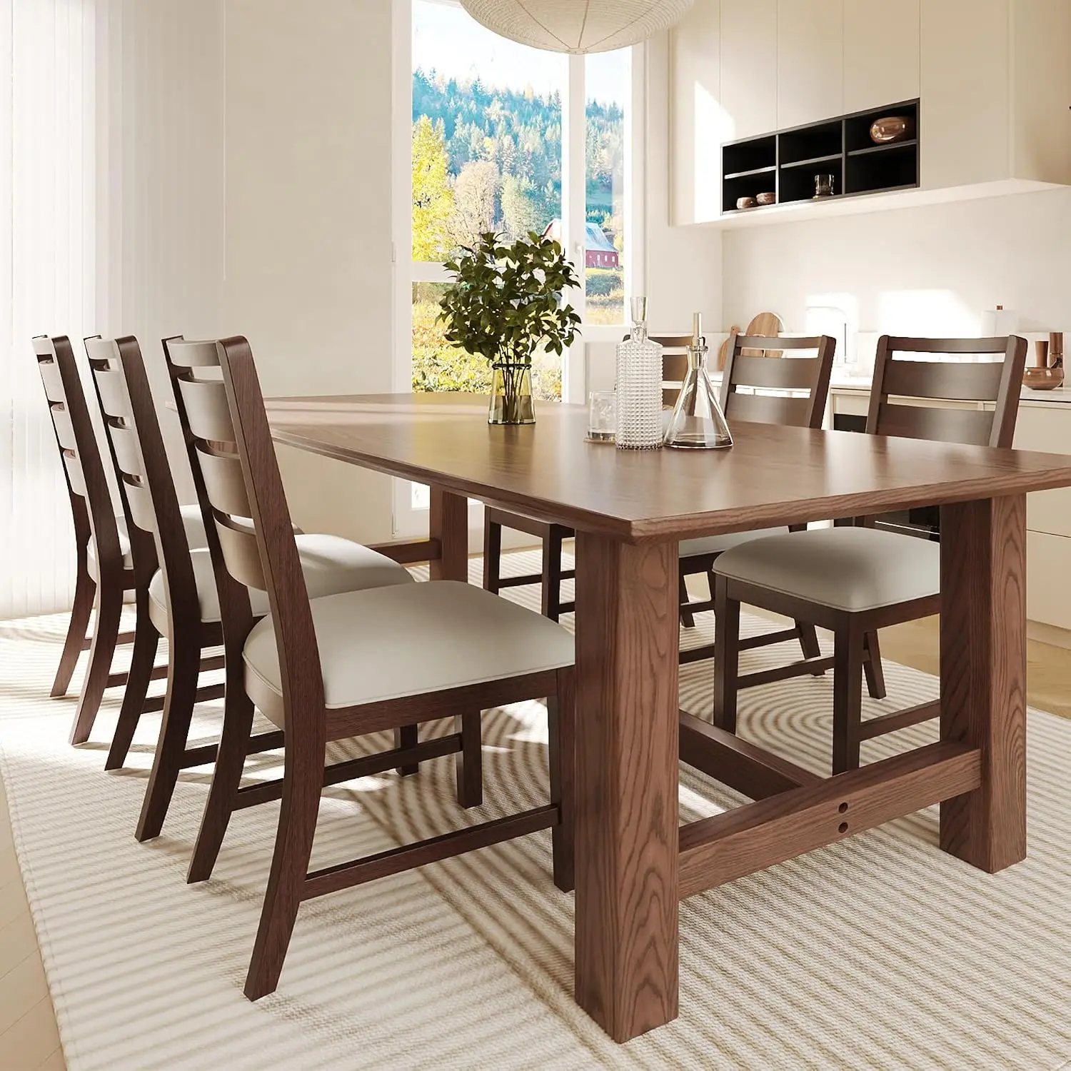 Dining Chairs 6pcs, Upholstered Farmhouse Kitchen Chairs, Solid Wood Ladder Back with Thick Cushion, Customized