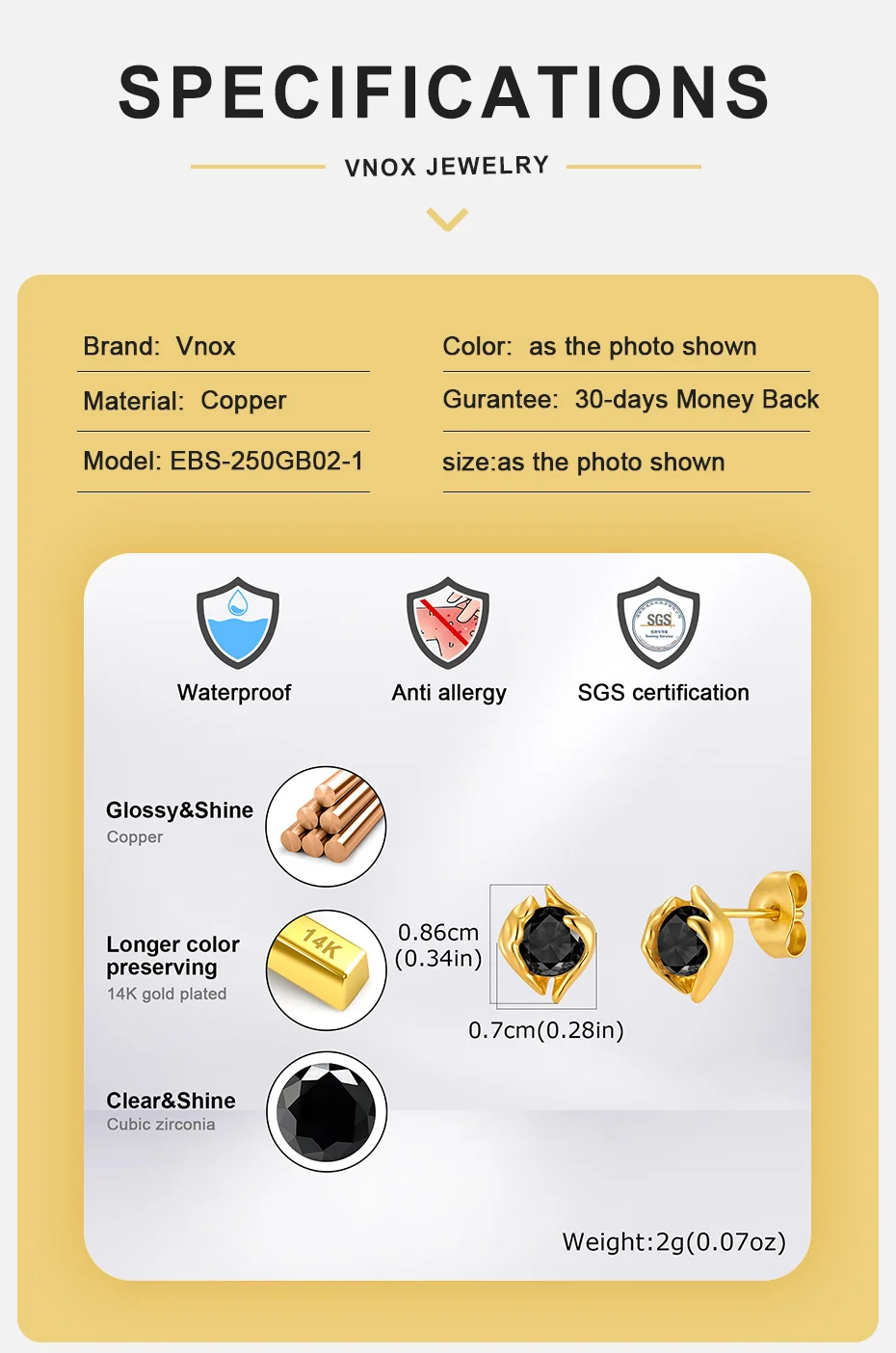 Vnox Kupfer-Ohrstecker mit schwarzem und weißem Zirkon für Männer und Frauen, gold- und silberfarbener Ohrstecker, 7 x 8,6 mm, minimalistischer Schmuck, Geschenke – Detail 6