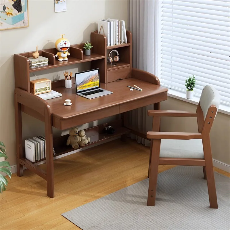 Solid wood children's study desk bookshelf integrated home office computer desk adjustable lift student writing desk