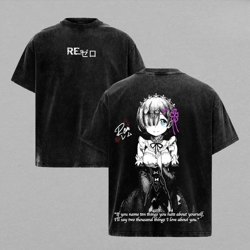 Rem Re ZERO Starting Life in Another World Clothing Men Women T-shirts Vintage Washed T Shirt Casual Cotton Tee Harajuku Tshirt