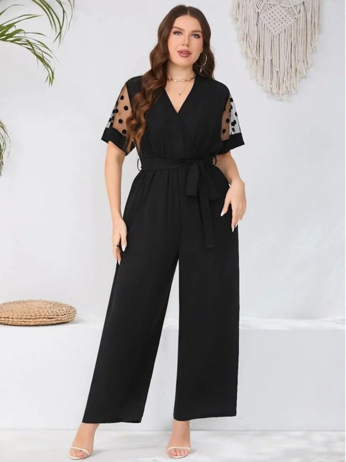 

Lace Patchwork Waist Cinching Jumpsuit Women's Street Sle Loose Fit Casual Pants High Waist l Waist Bandage
