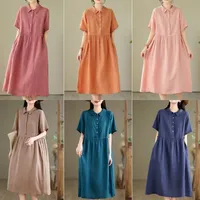 New 2025 Women's Linen Dress Short Sleeve Overhead Midi Pure Color Cotton Linen Dress Six Colors Four Sizes Japanese Style