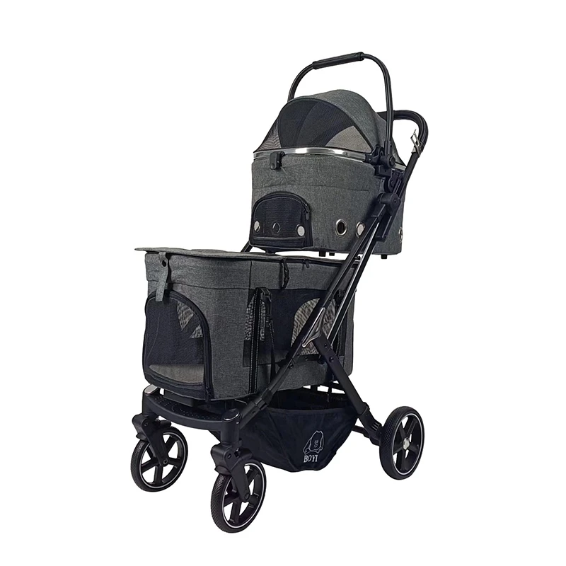 Double Layer Pet Stroller Foldable & Detachable Cat Dog Carrier with Adjustable & Waterproof Feature for Travel