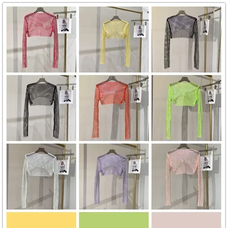 New Sexy Bright Diamond Short Top Slim Fit Women's Hot Diamond Long Sleeve T-shirt Sexy Leaky Waist Nightclub Party Performance