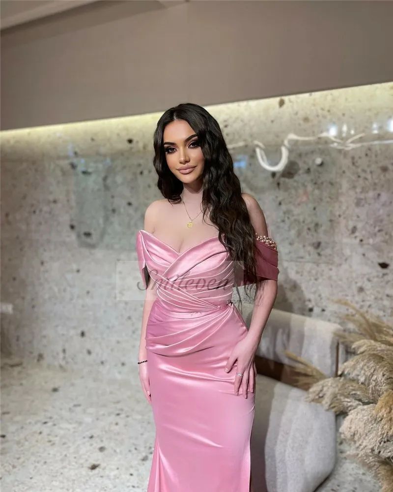 Smileven Pink Mermaid Evening Dresses Beading Pleats Prom Dress Satin Side Split New Collections Party Gowns 2024