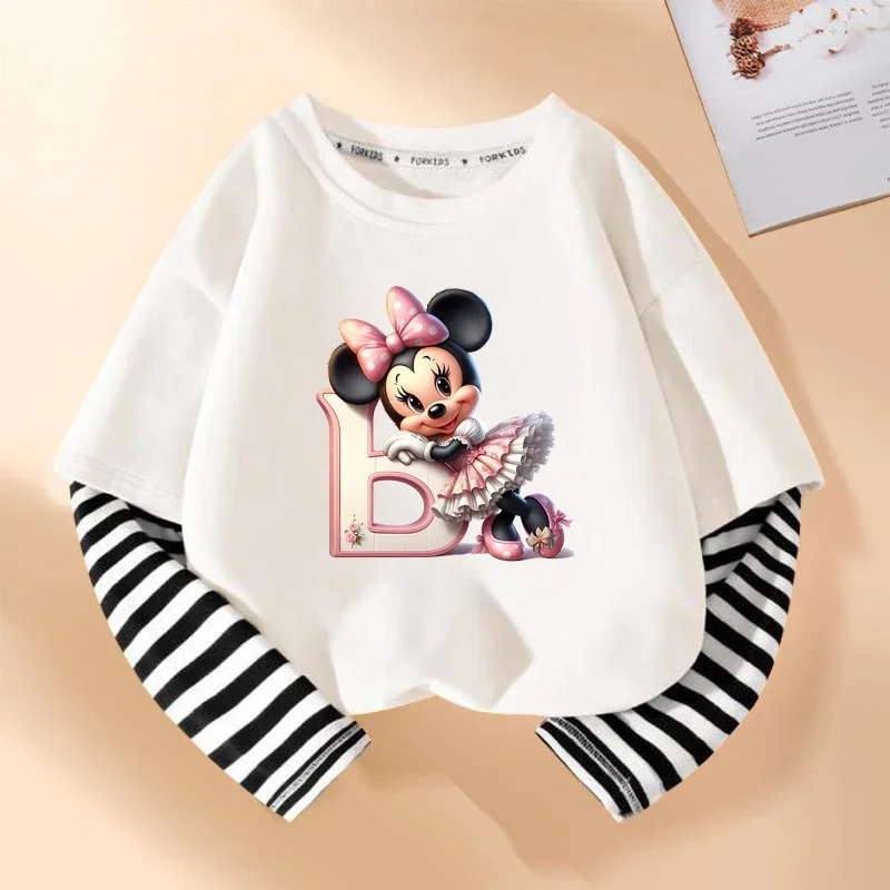 Minnie disney crianças camiseta dos desenhos animados impressão manga longa em torno do pescoço kawaii algodão meninas roupas moda hip hop crianças roupas