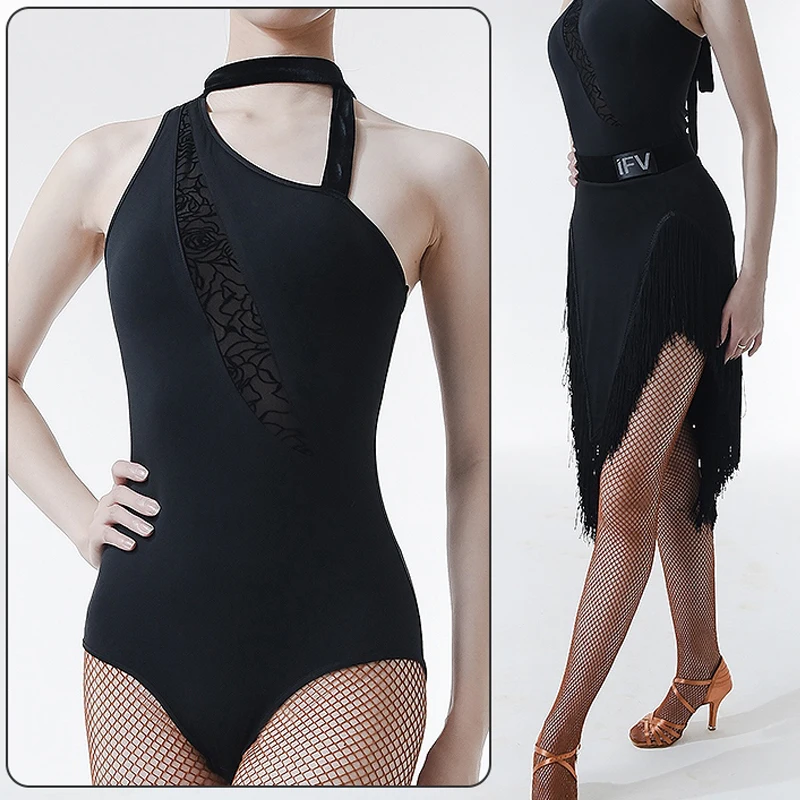 

Single Shoulder Velvet Ribbon Bodysuit Latin Dance Tops For Women Chacha Rumba Tango Dress Latin Performance Costumes DN16931