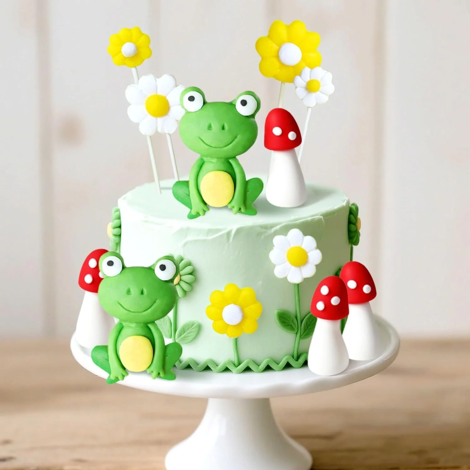 LaVenty Frosch-Kuchendekoration Frosch-Pilz-Hütten-Kuchenaufsatz Garten-Gänseblümchen-Kuchendekoration Gartenparty-Dekoration Hütte – Detail 2
