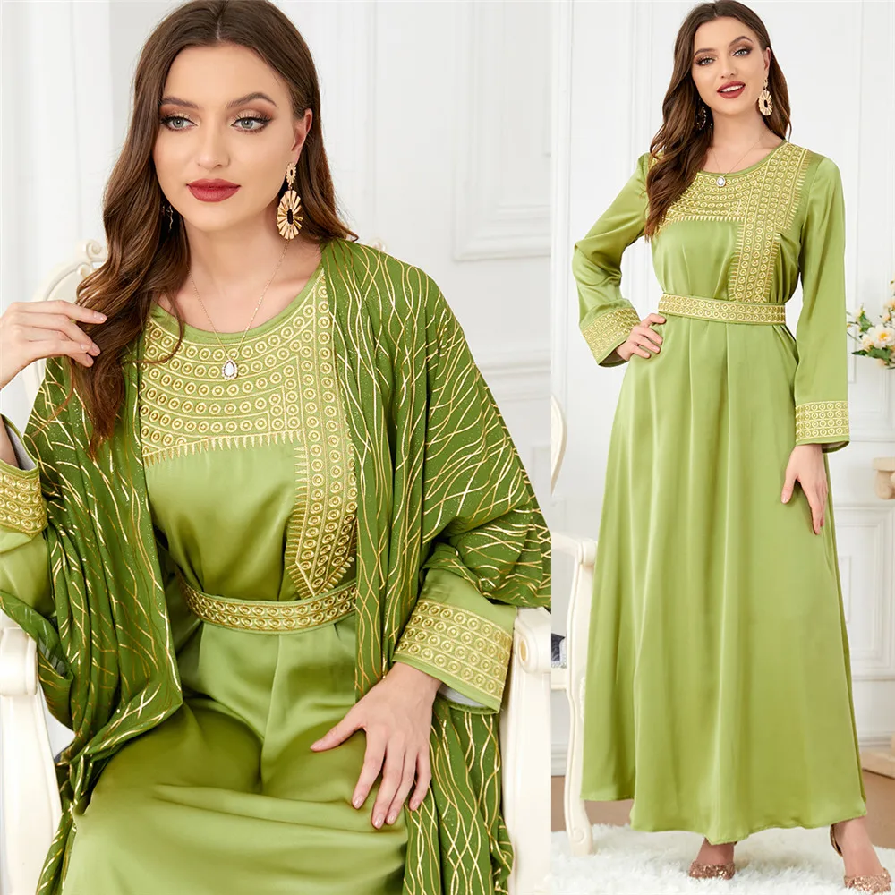 Muslim Fashion Chic Abayas Elegant Luxury Woman Dress 2024 O-Neck Long Dresses 2 Piece Sets Embroidery Belted Kaftan Ramadan