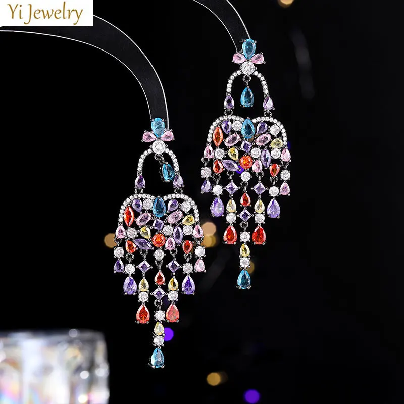 Colorful Vacation Style Long Big Dangle Dangle Earrings for Women Shiny Zircon Beach Summer Party Jewelry Gift