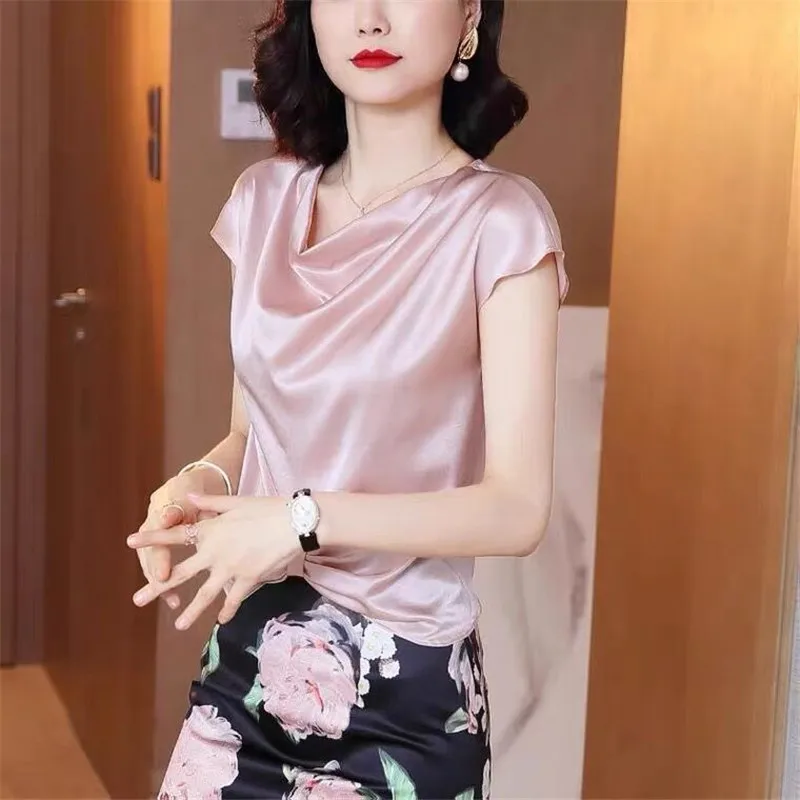 Fashion Elegant Ladies Swing Neck Bow Asymmetric Pink Acetate Satin shirt Tops Luxurious Vintage Versatile Ice Silk blouse